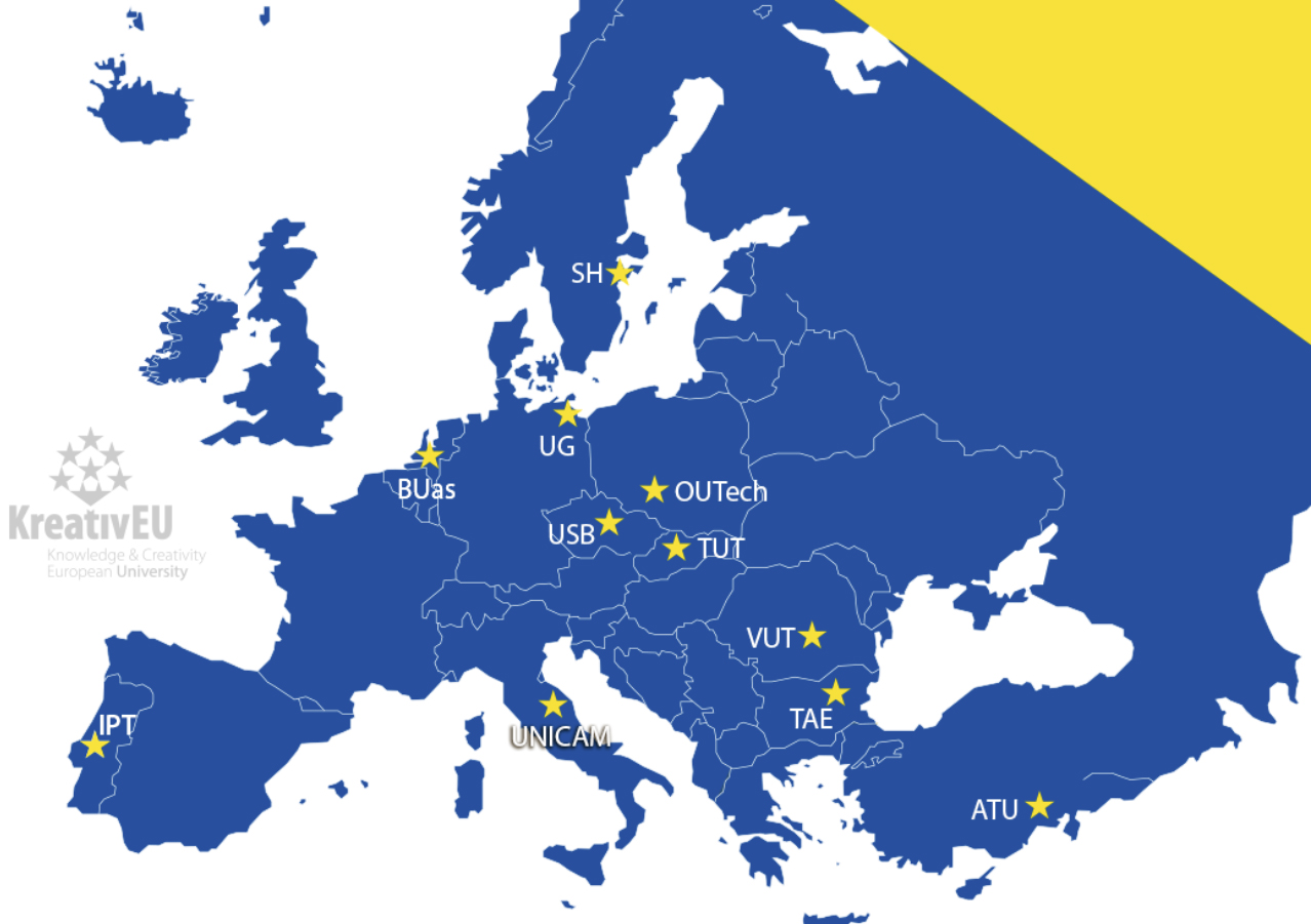 map of Europe with KreativEU Alliance partner universities